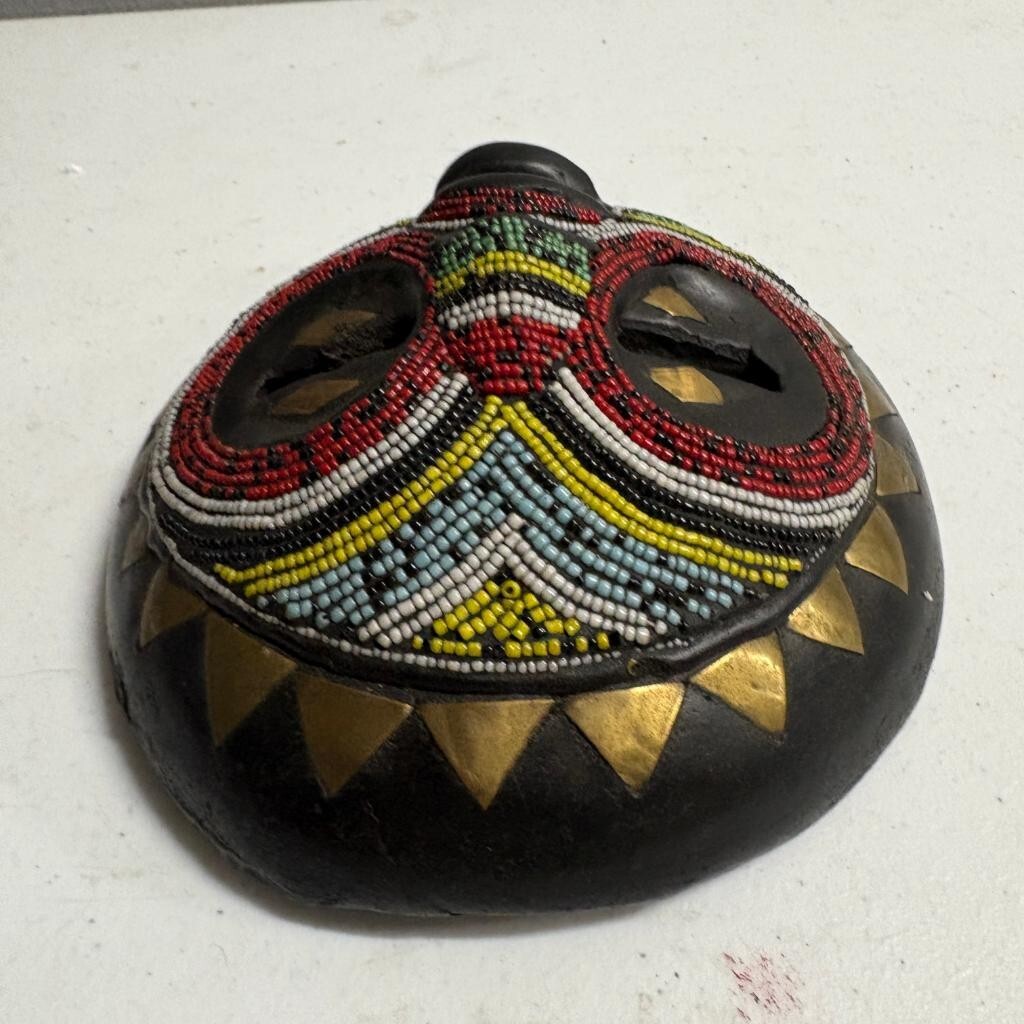 African Beaded Wood Mask Hand Carved Round Tribal Wall Hanging Brass Accents 7in