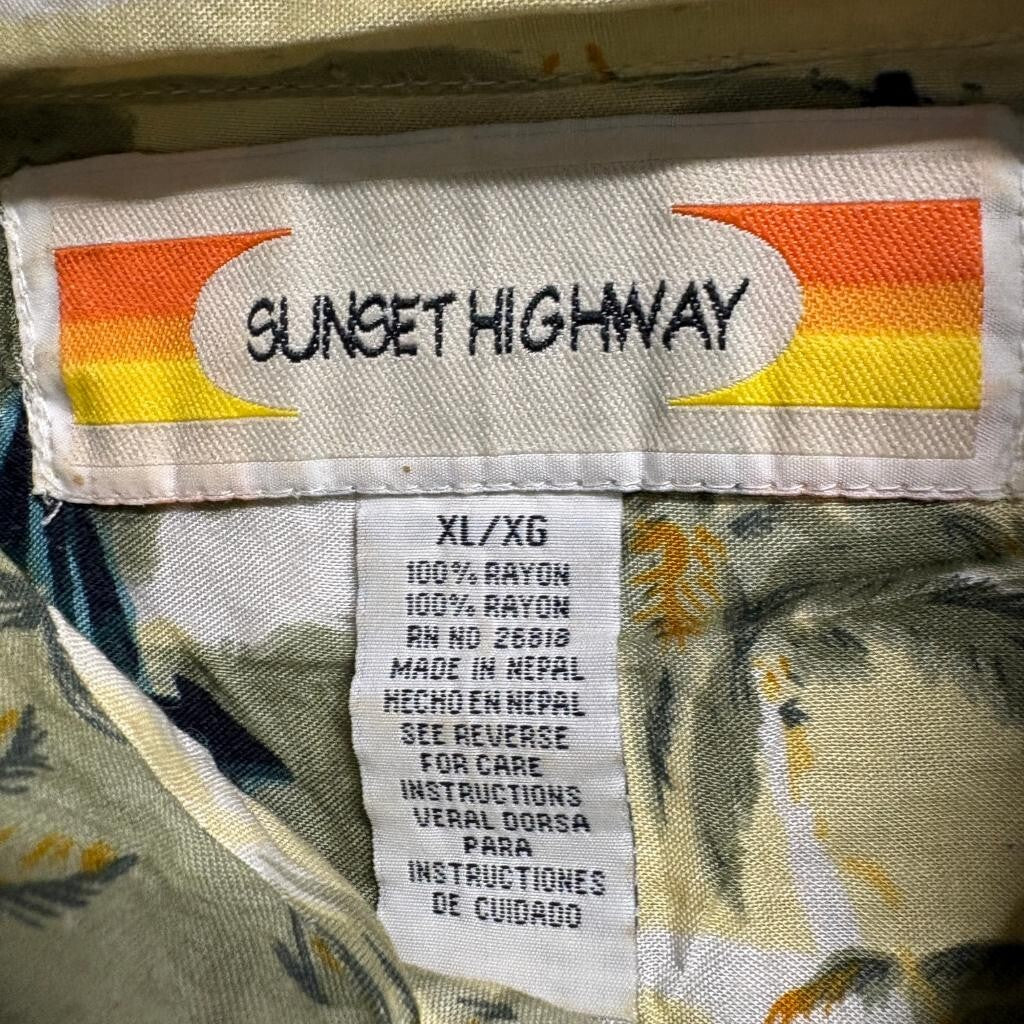 Sunset Highway Hawaiian Shirt Mens XL Green Rayon Tropical Sailboat Camp Shirt