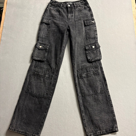 Fashion Nova High Waist Cargo Jeans Womens Size 1 Black Acid Wash Straight Leg