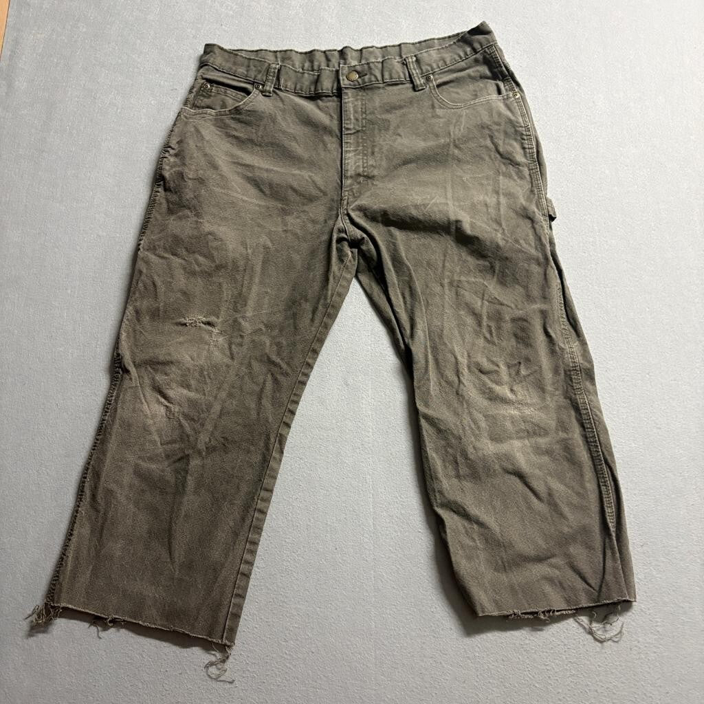 Genuine Dickies Mens Carpenter Pants 36x20 Cut Off Crop Raw Hem Brown Workwear