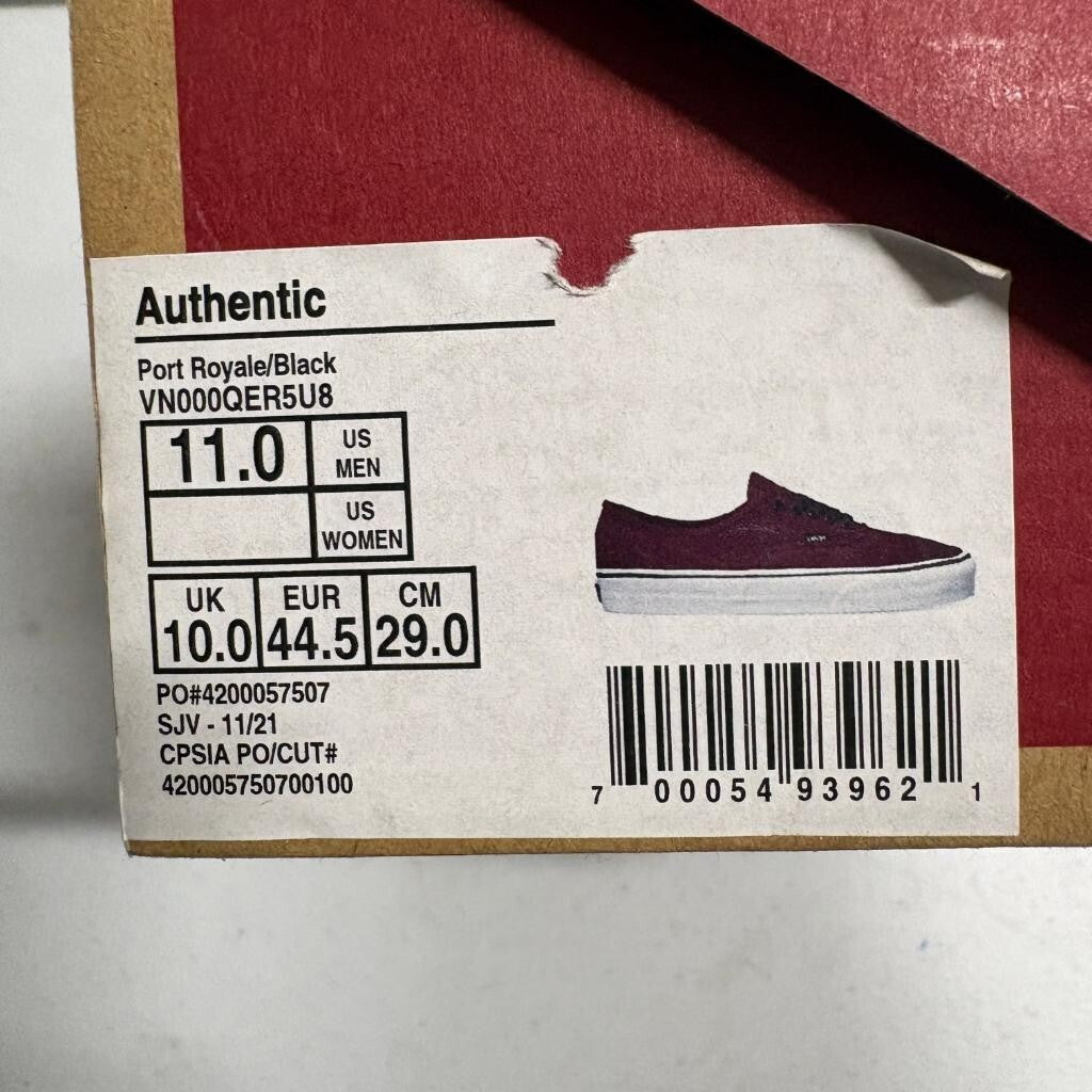 Vans Authentic Port Royale Black Mens Size 11 Sneakers Burgundy VN000QER5U8