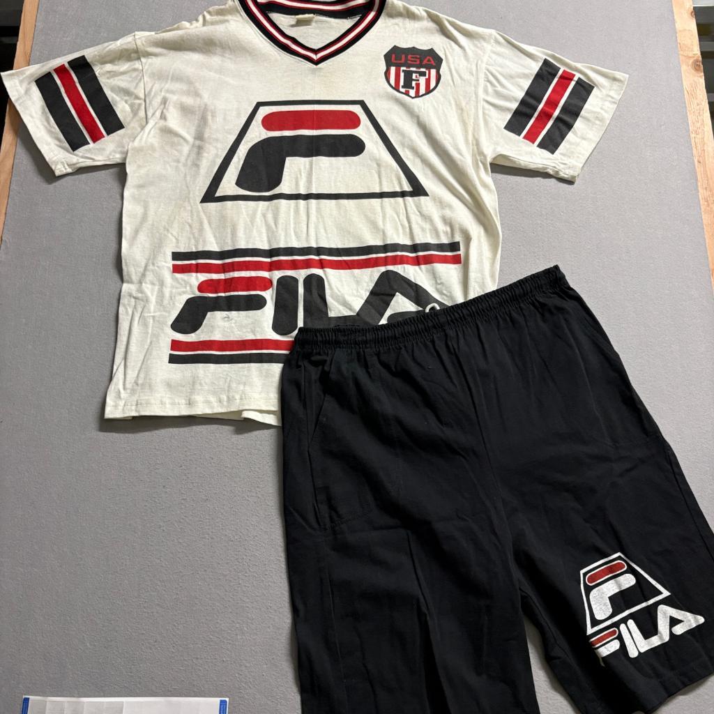 Vintage Fila USA T-Shirt and Shorts Set Mens XL White Black Cotton Made in USA