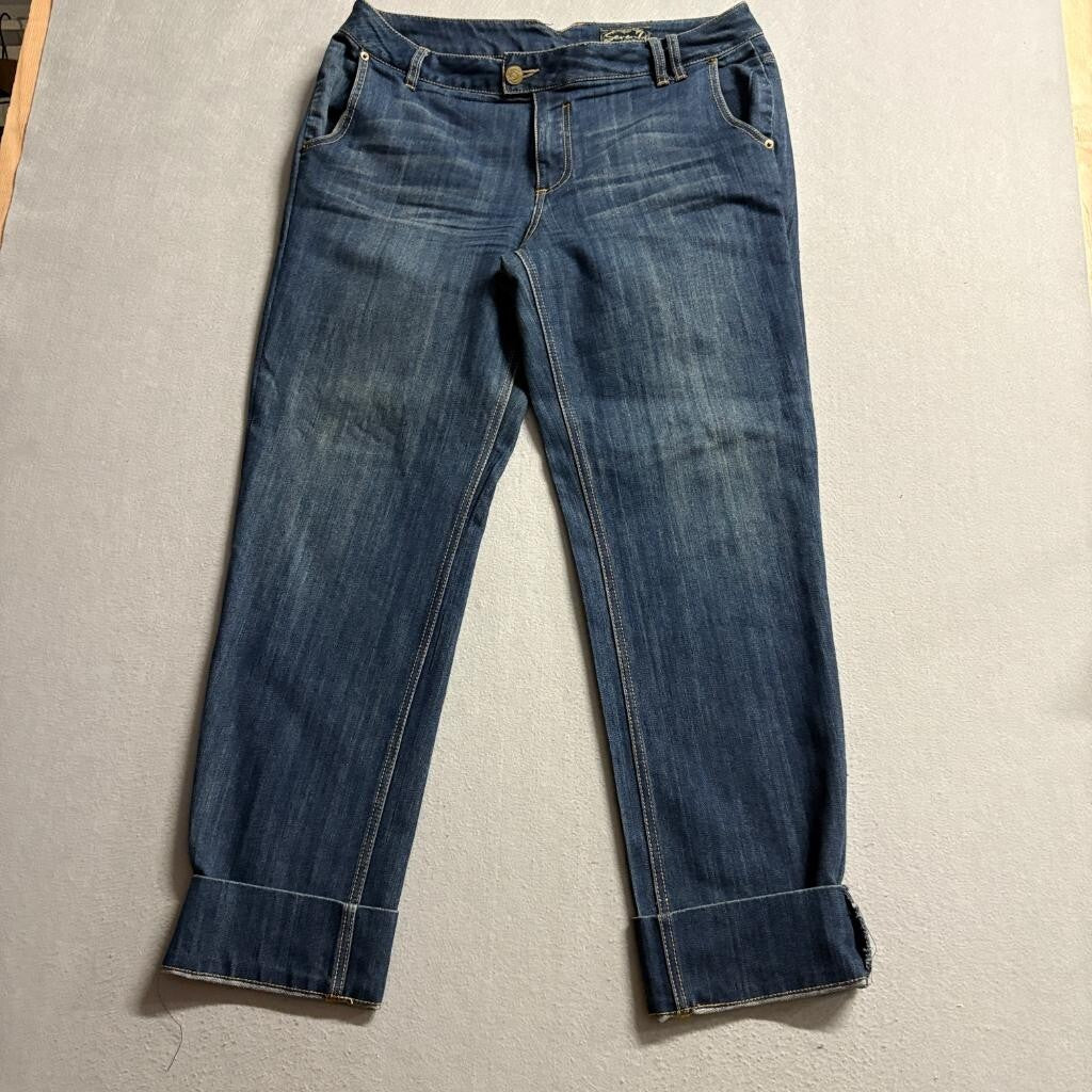 Seven7 Cuffed Crop Jeans Womens Size 32 Blue Denim Stretch Straight Leg