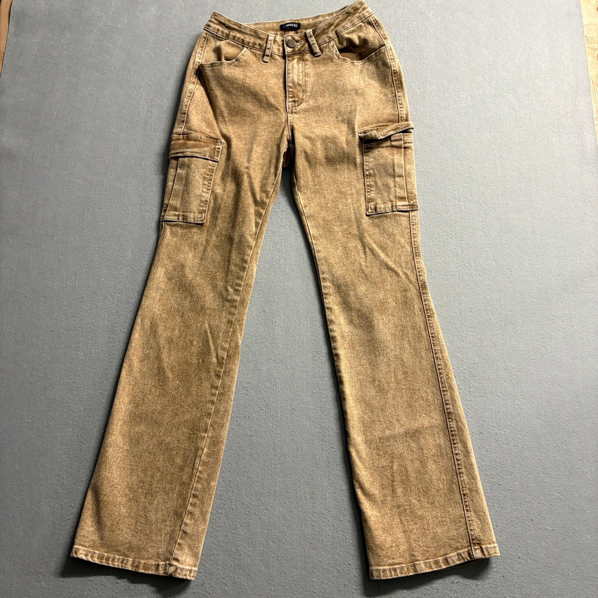 Flaming Als Womens Flare Cargo Jeans Sz Small Brown Mineral Wash Stretch Y2K