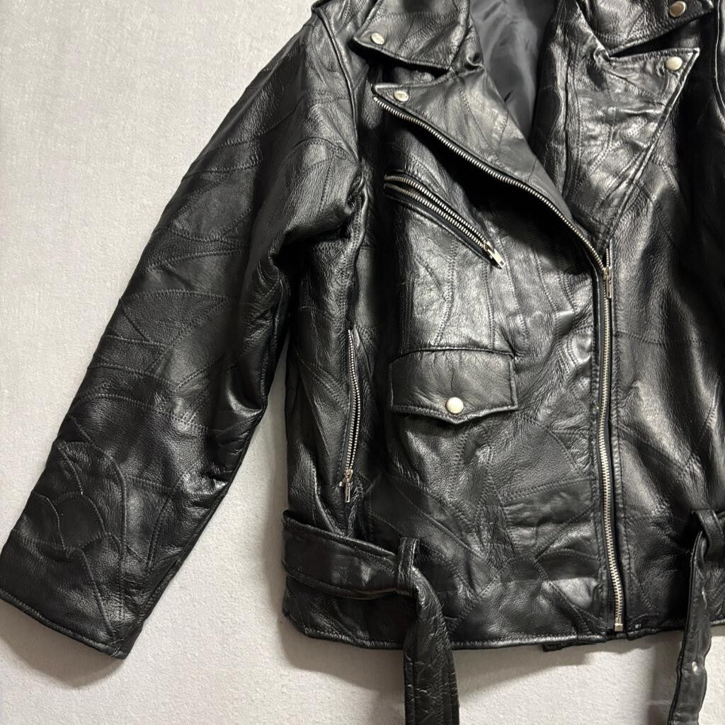 Vintage Patchwork Leather Motorcycle Jacket Mens XL Black Belted Biker Punk
