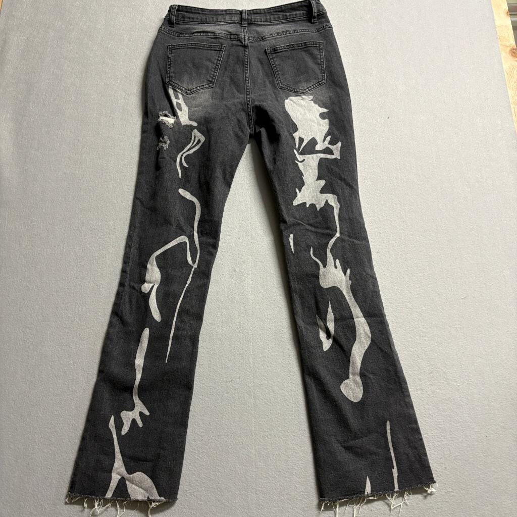 Shein Distressed Graphic Print Jeans Womens Large Black Raw Hem Ripped Denim