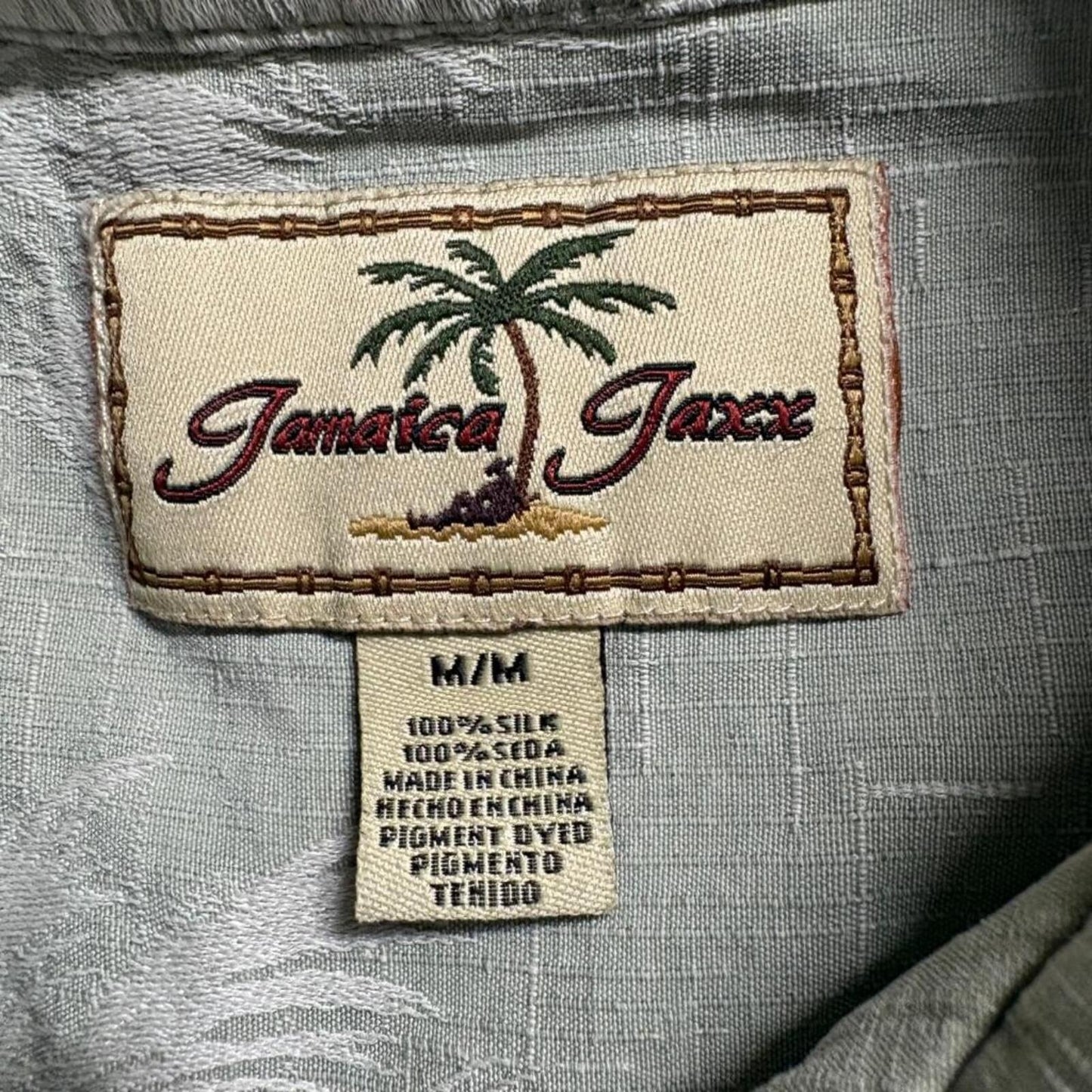 Jamaica Jaxx Silk Hawaiian Shirt Mens Medium Green Palm Tree Camp Button Up