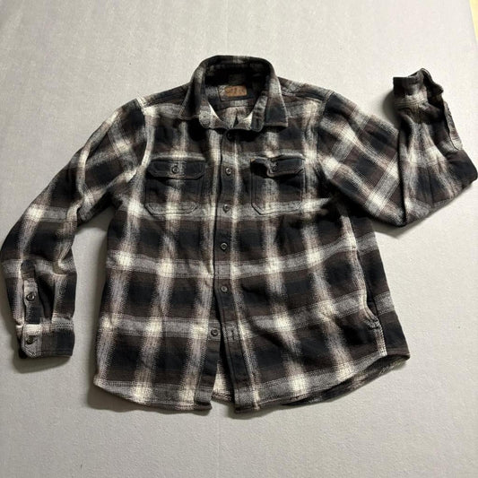 Orvis Flannel Shirt Mens Medium Brown Black Plaid Heavyweight Cotton Button Up