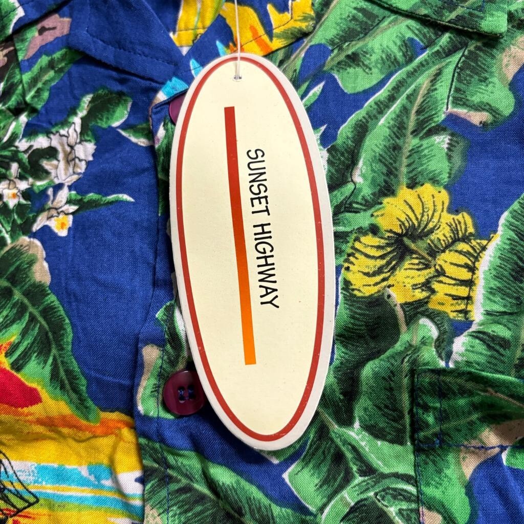 Sunset Highway Hawaiian Shirt Mens XL Blue Rayon Tropical Parrot Sunset Beach