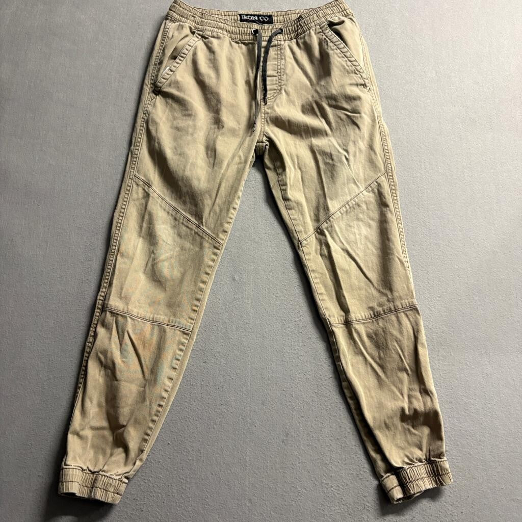 Iron Co Mens Jogger Pants Size S Khaki Beige Cotton Blend Stretch Elastic Waist