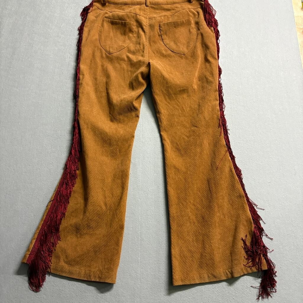 Cider Corduroy Fringe Flare Pants Womens Large Brown Red Western Boho Festival