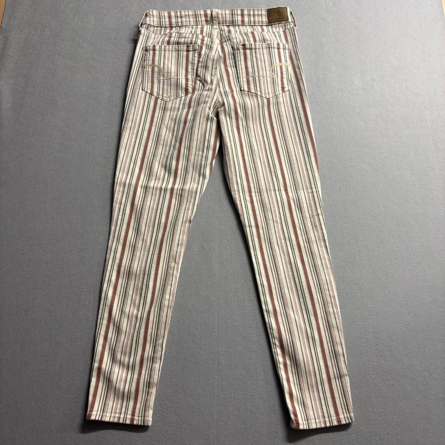 American Eagle Striped Jeans Womens 10 Regular Skinny Stretch Cream Brown Pink