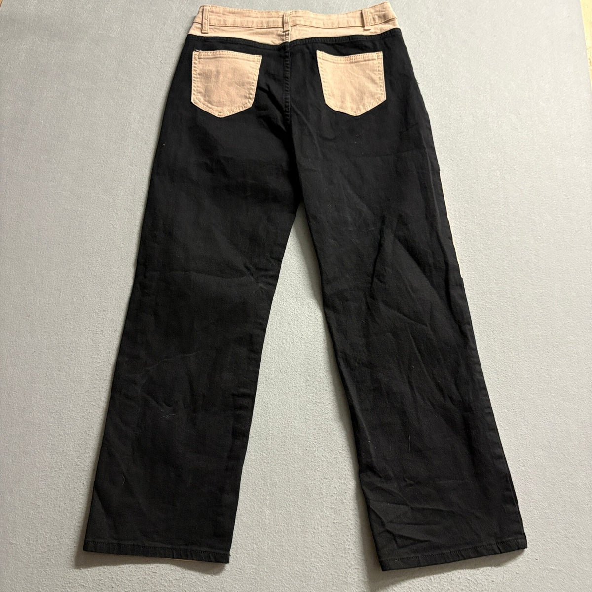 Colorblock Patchwork Straight Leg Jeans Womens Large Black Tan Two Tone High