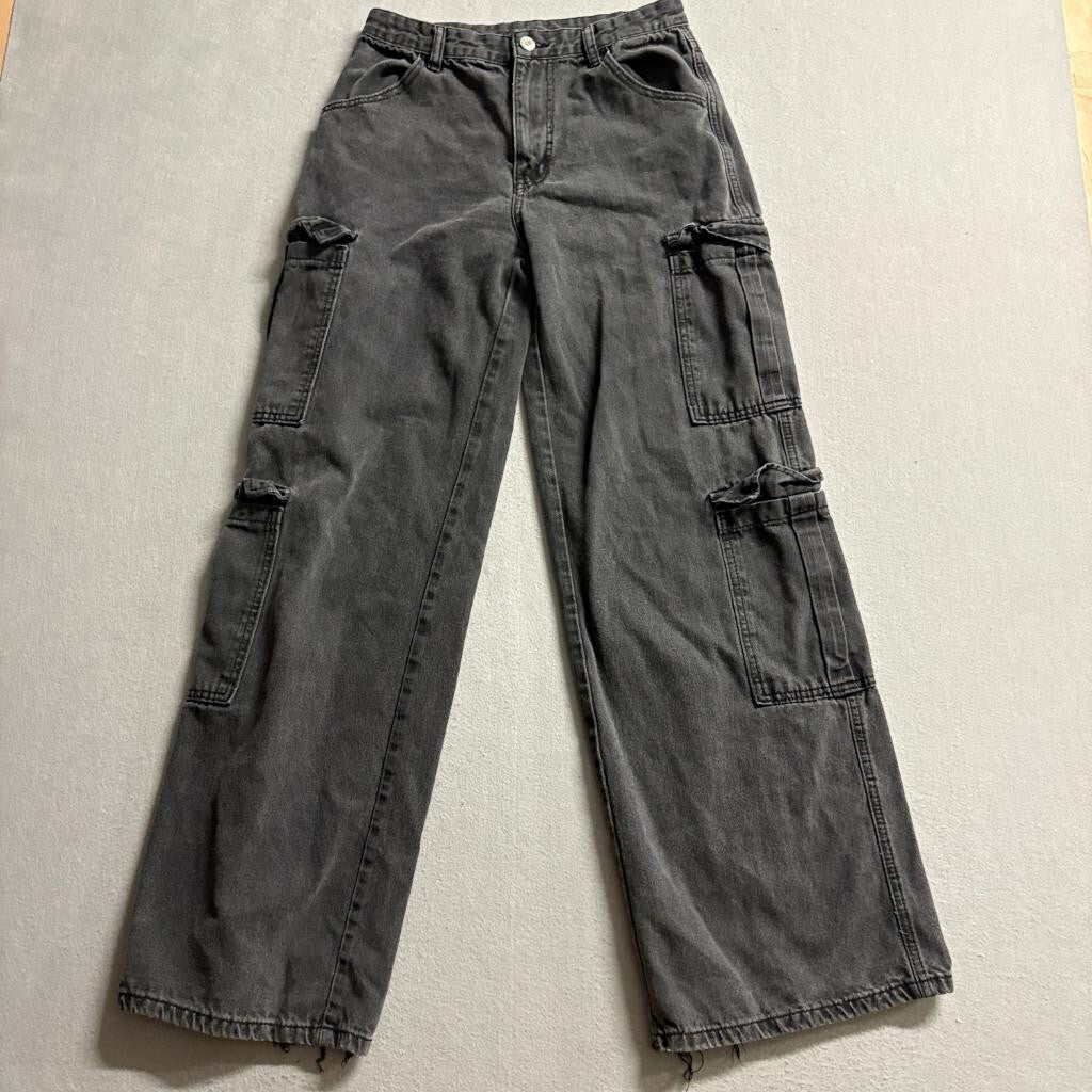 Shein Womens Cargo Jeans Size US 4 Gray Denim Wide Leg High Rise Utility Pants