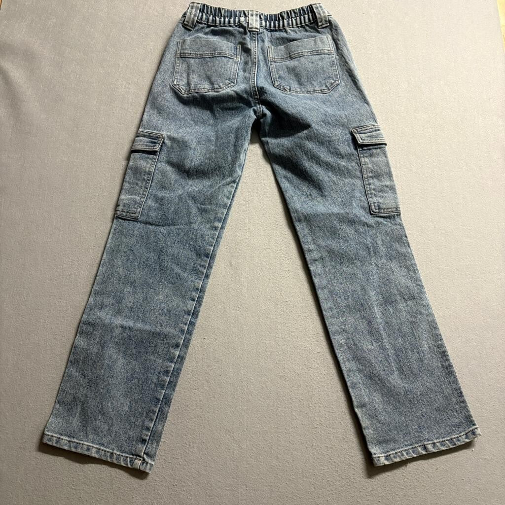 Excuse Girls Blue Cargo Jeans Size S Elastic Waist Straight Leg Denim Utility