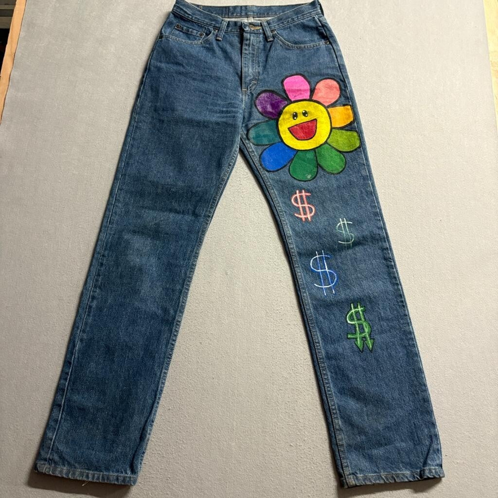 Wrangler Custom Painted Jeans Mens 29x32 Takashi Murakami Style Flower Dollar