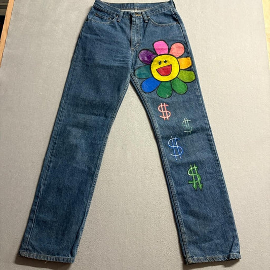 Wrangler Custom Painted Jeans Mens 29x32 Takashi Murakami Style Flower Dollar