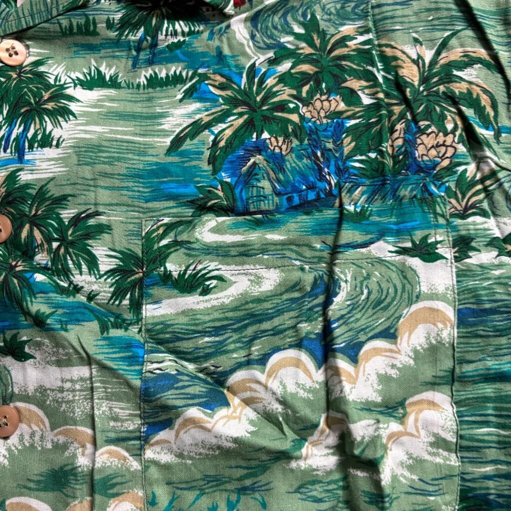 Sunset Highway Hawaiian Shirt Mens XL Green Rayon Tropical Palm Tree Boat Nepal