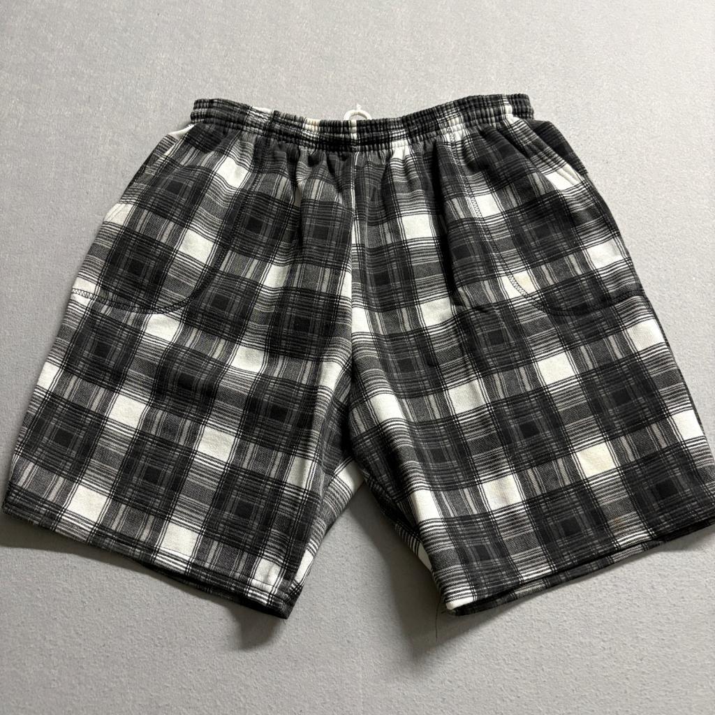 Vintage Ikstar Plaid Fleece Shorts Mens XL Black White Made in USA Drawstring