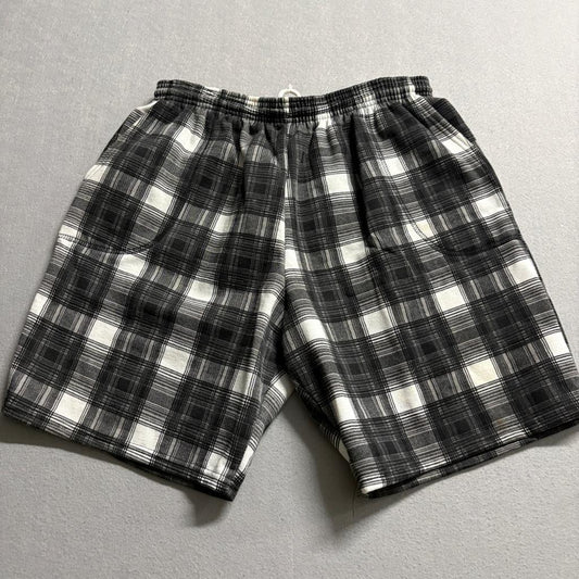 Vintage Ikstar Plaid Fleece Shorts Mens XL Black White Made in USA Drawstring