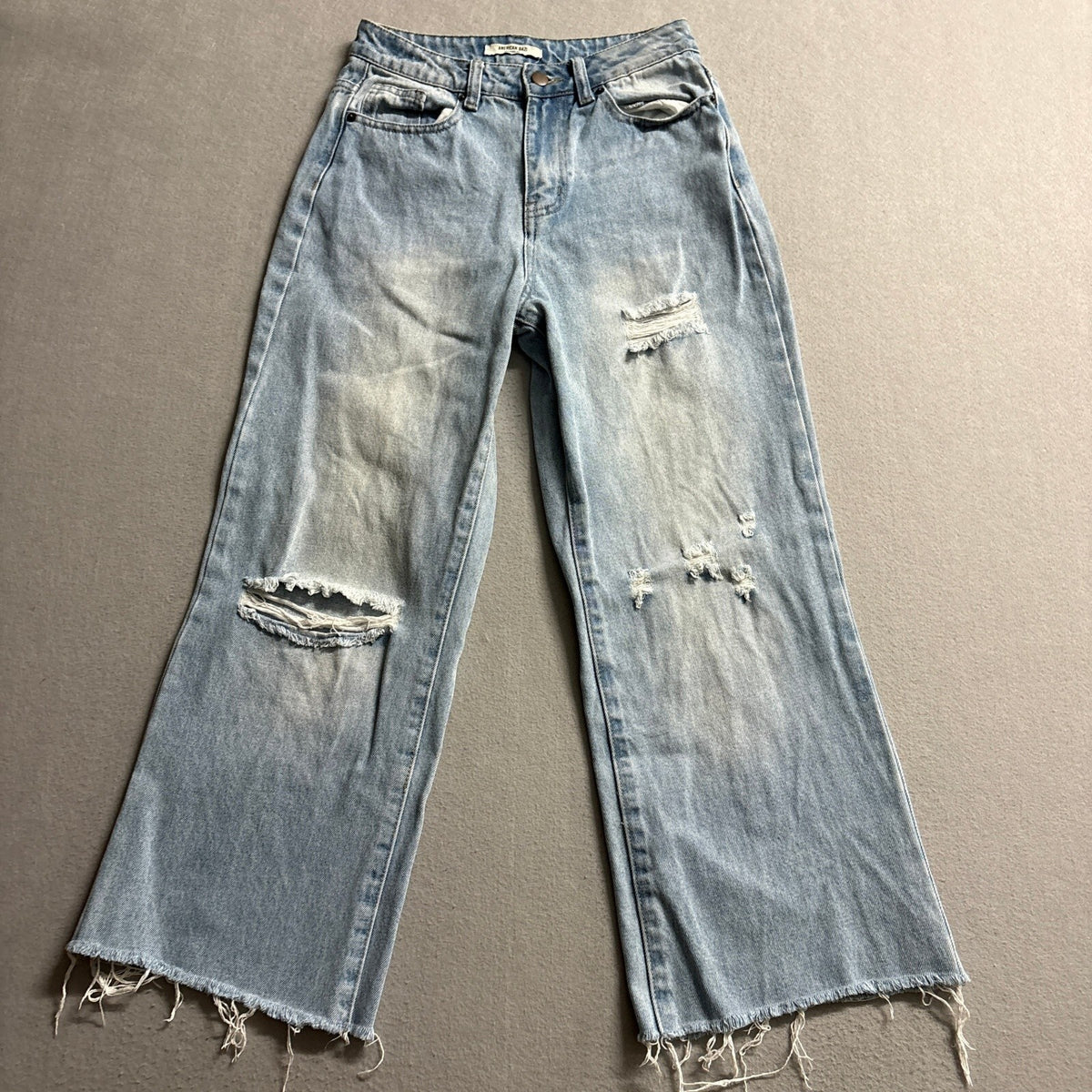 American Bazi High Rise Wide Leg Distressed Raw Hem Jeans Light Wash Size