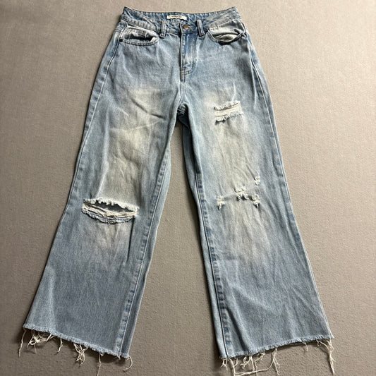 American Bazi High Rise Wide Leg Distressed Raw Hem Jeans Light Wash Size