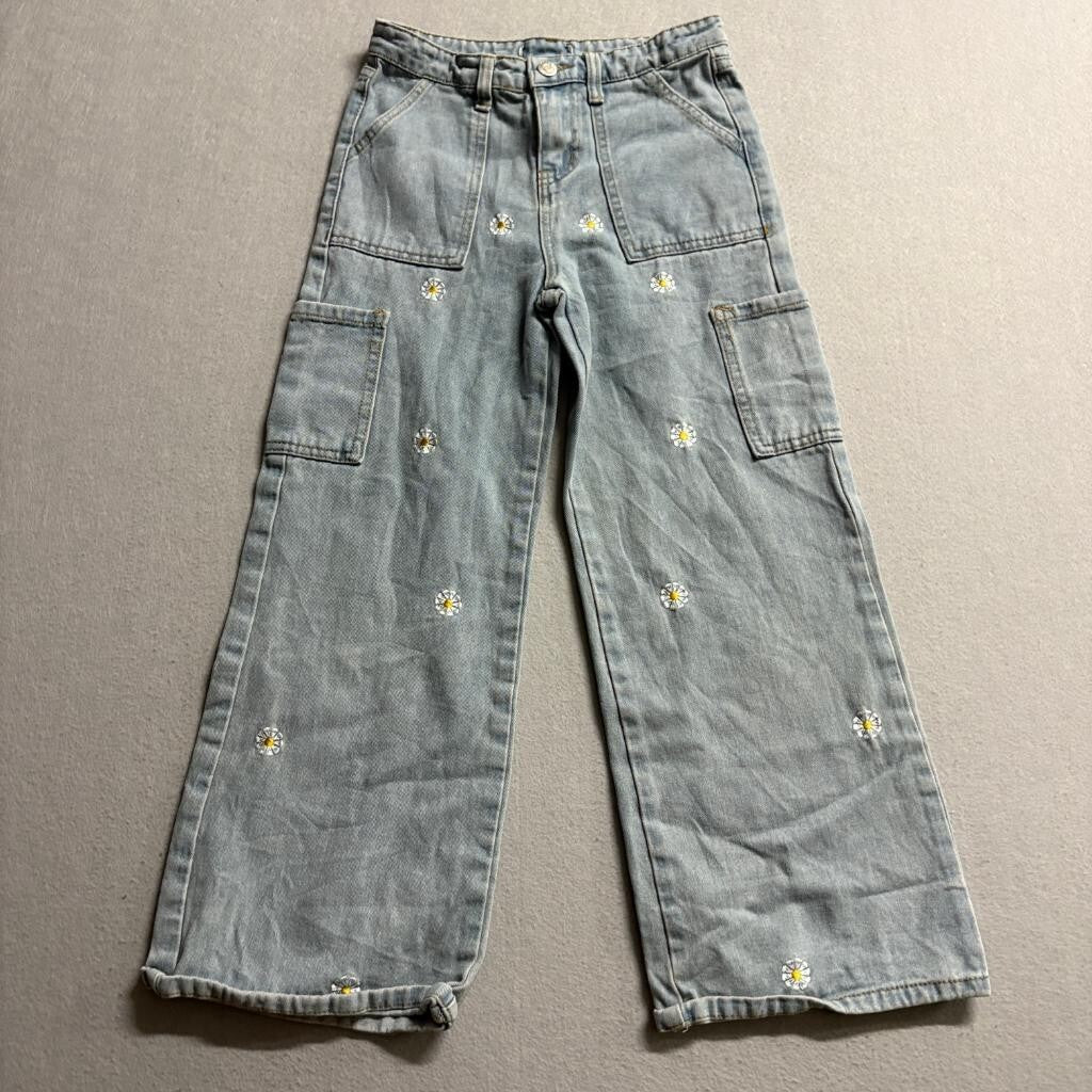 Soho Blue Girls Daisy Embroidered Wide Leg Cargo Jeans Light Wash Size 10