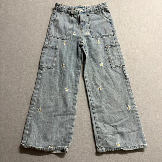 Soho Blue Girls Daisy Embroidered Wide Leg Cargo Jeans Light Wash Size 10