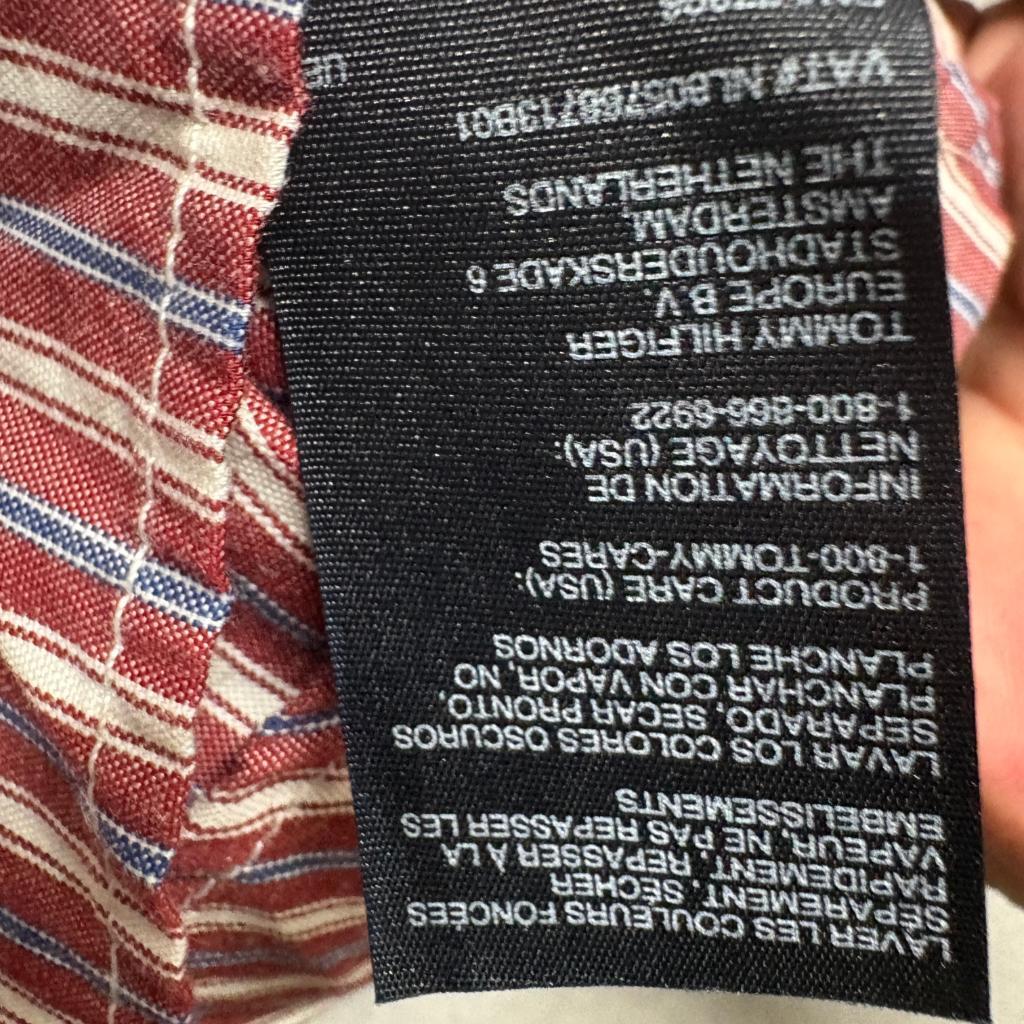 Tommy Hilfiger Shirt Mens Medium Red White Striped Custom Fit Crest Logo Long