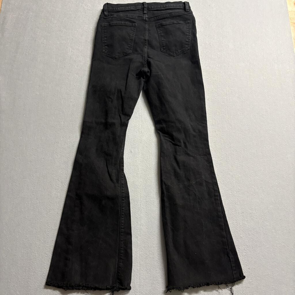 Girl-ish High Rise Flare Jeans Womens Size 9/29 Black Distressed Raw Hem Stretch