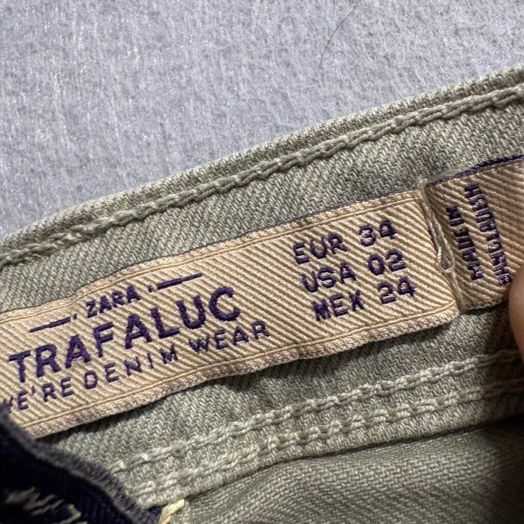 Zara Trafaluc Slim Jeans Womens 2 Green Olive Raw Hem Stretch Denim Pants