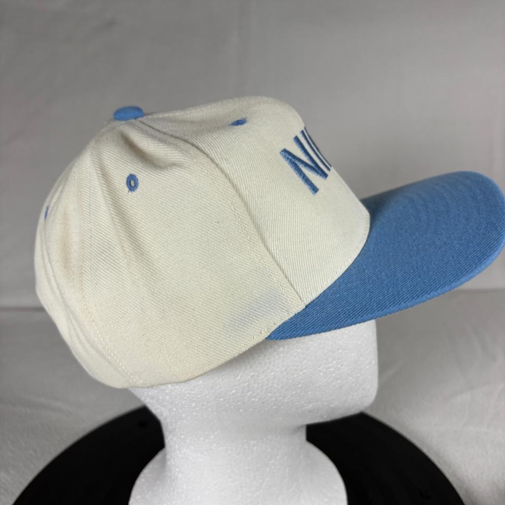 Vintage Nike Spellout Snapback Hat Kee & Ed Apparel USA Cream Blue Cap