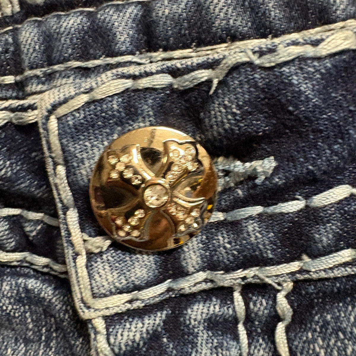 Answer Me Bootcut Jeans Womens 3/30 Blue Denim Thick Stitch Rhinestone Cross Y2K