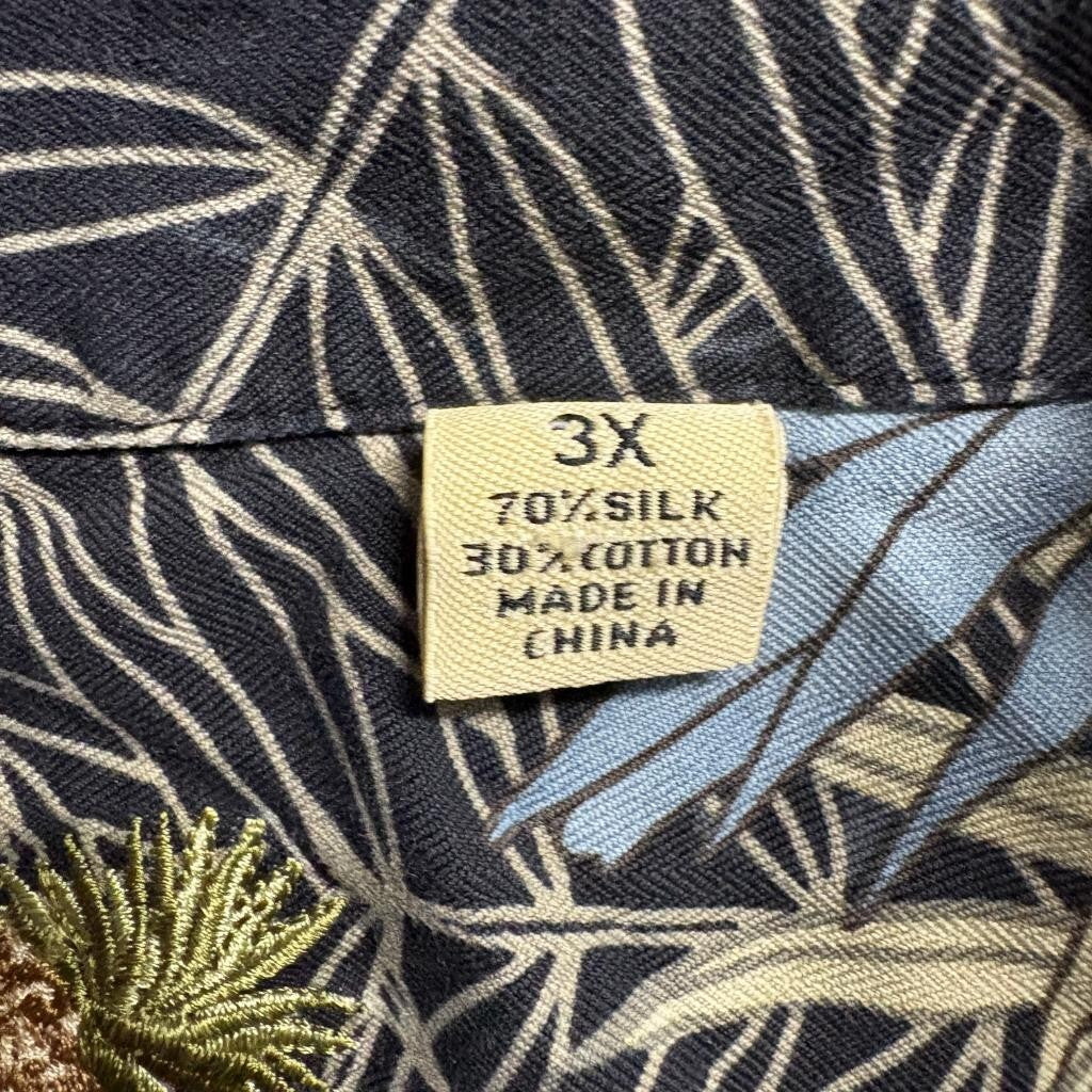 Caribbean Mens 3X Hawaiian Shirt Silk Cotton Blend Black Tropical Floral Palm