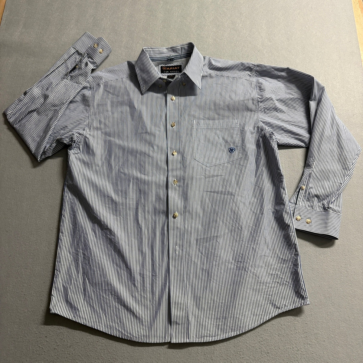 Ariat Pro Series Shirt Mens Large Blue White Striped Western Long Sleeve Button