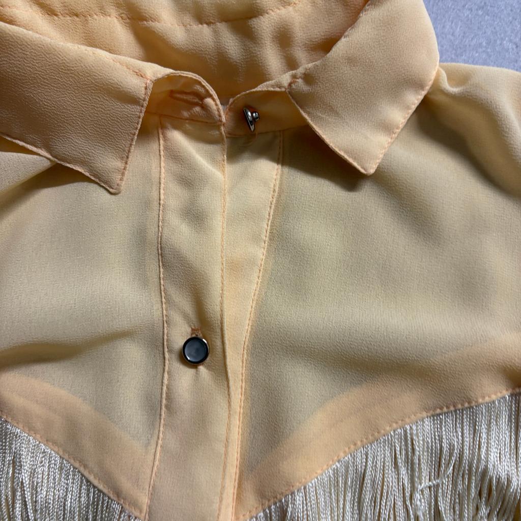 Marie France Paris Vintage Yellow Western Fringe Blouse Sheer Long Sleeve Large