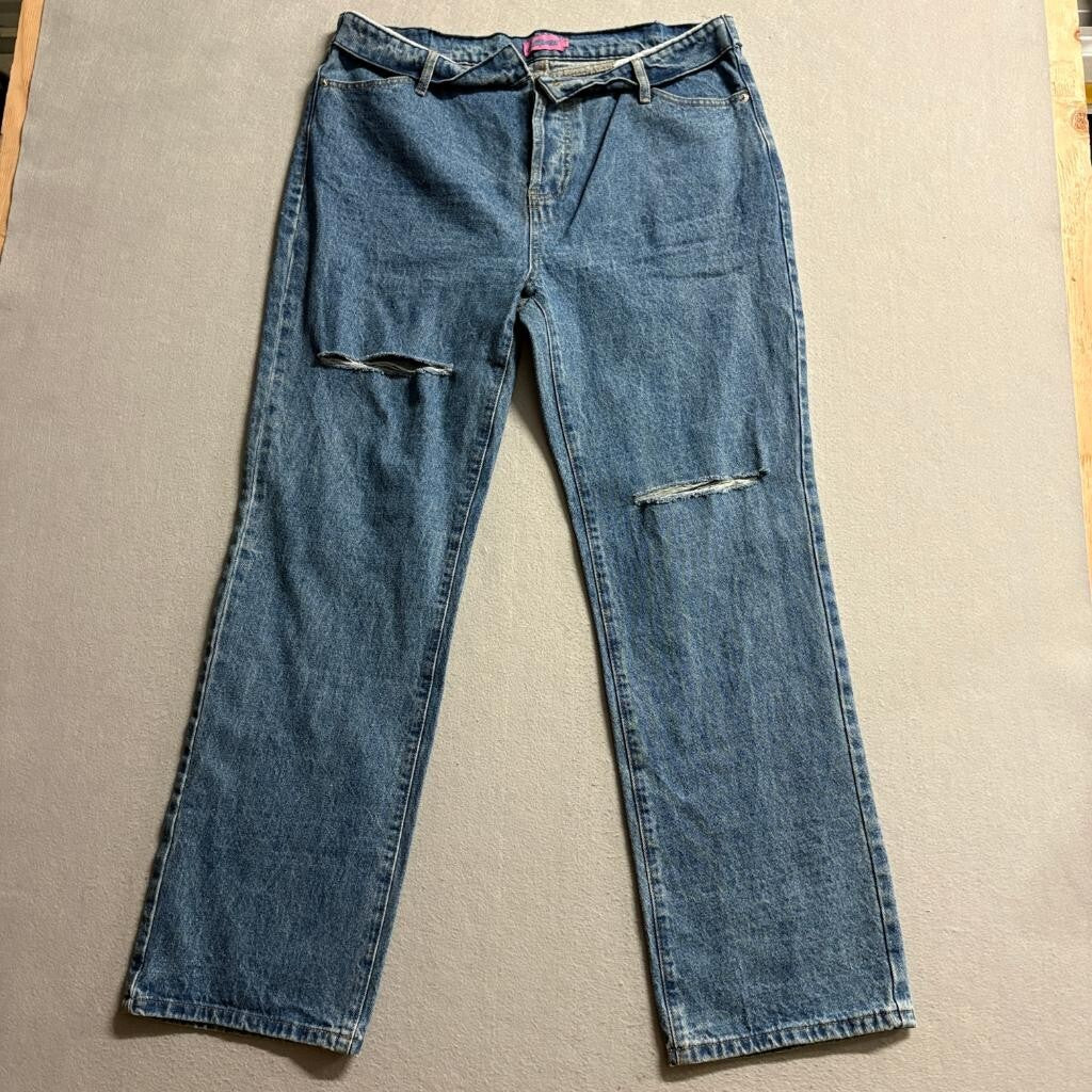 Edikted Distressed Straight Leg Jeans Womens XL Blue Denim High Rise Ripped