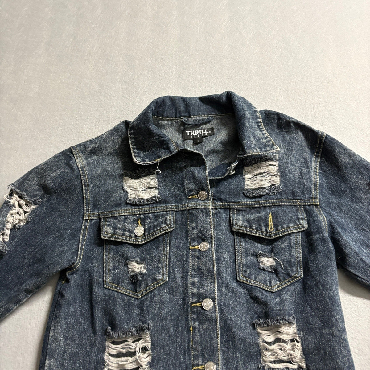 Thrill Jeans Denim Jacket Womens Small Blue Distressed Frayed Longline Shacket