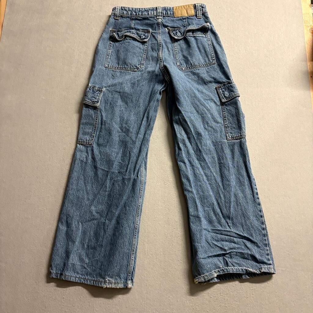 Cotton On Relaxed Cargo Jeans Womens Size 28 Blue Denim Wide Leg High Rise Flaw