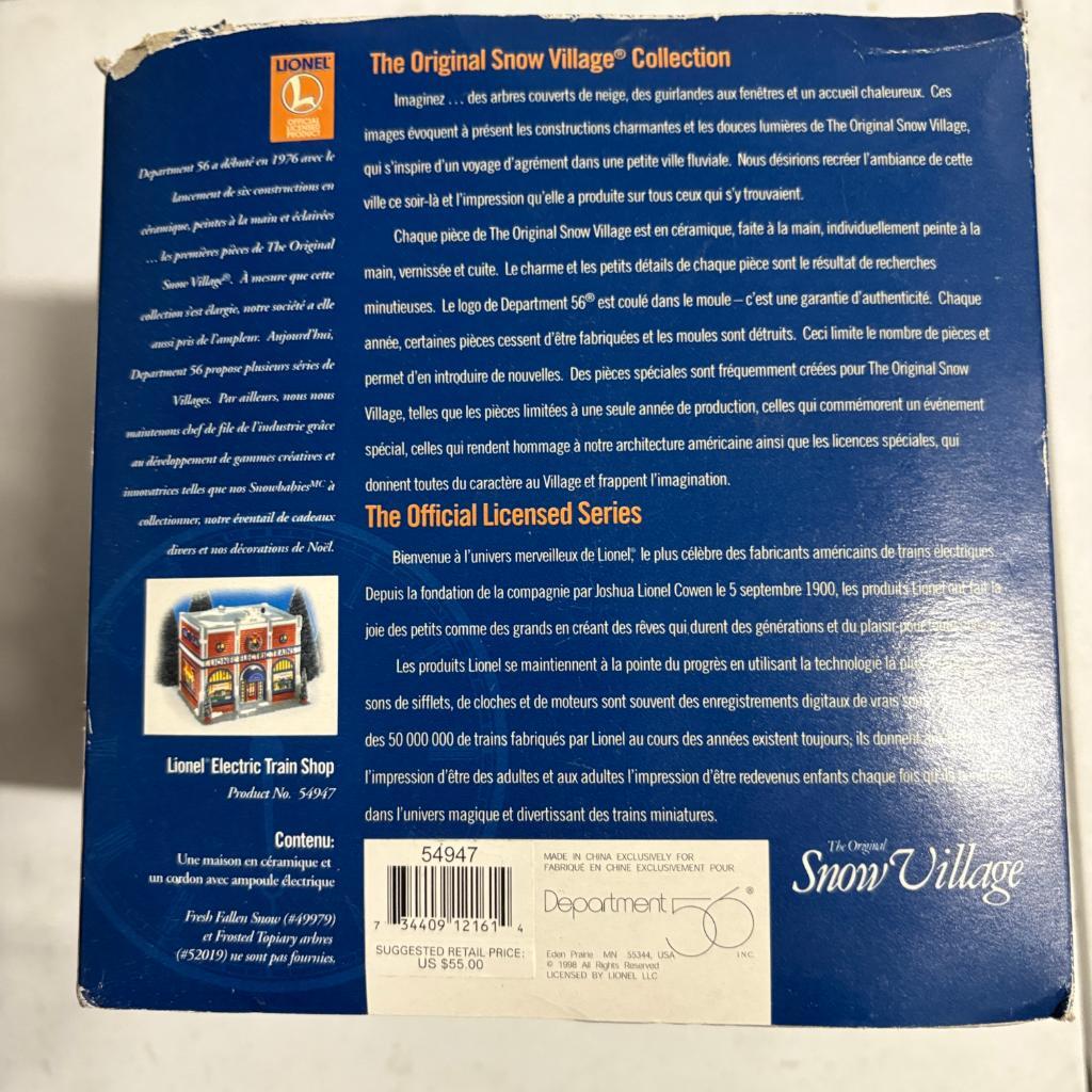 Department 56 Snow Village Lionel Electric Train Shop 54947 Christmas House Box