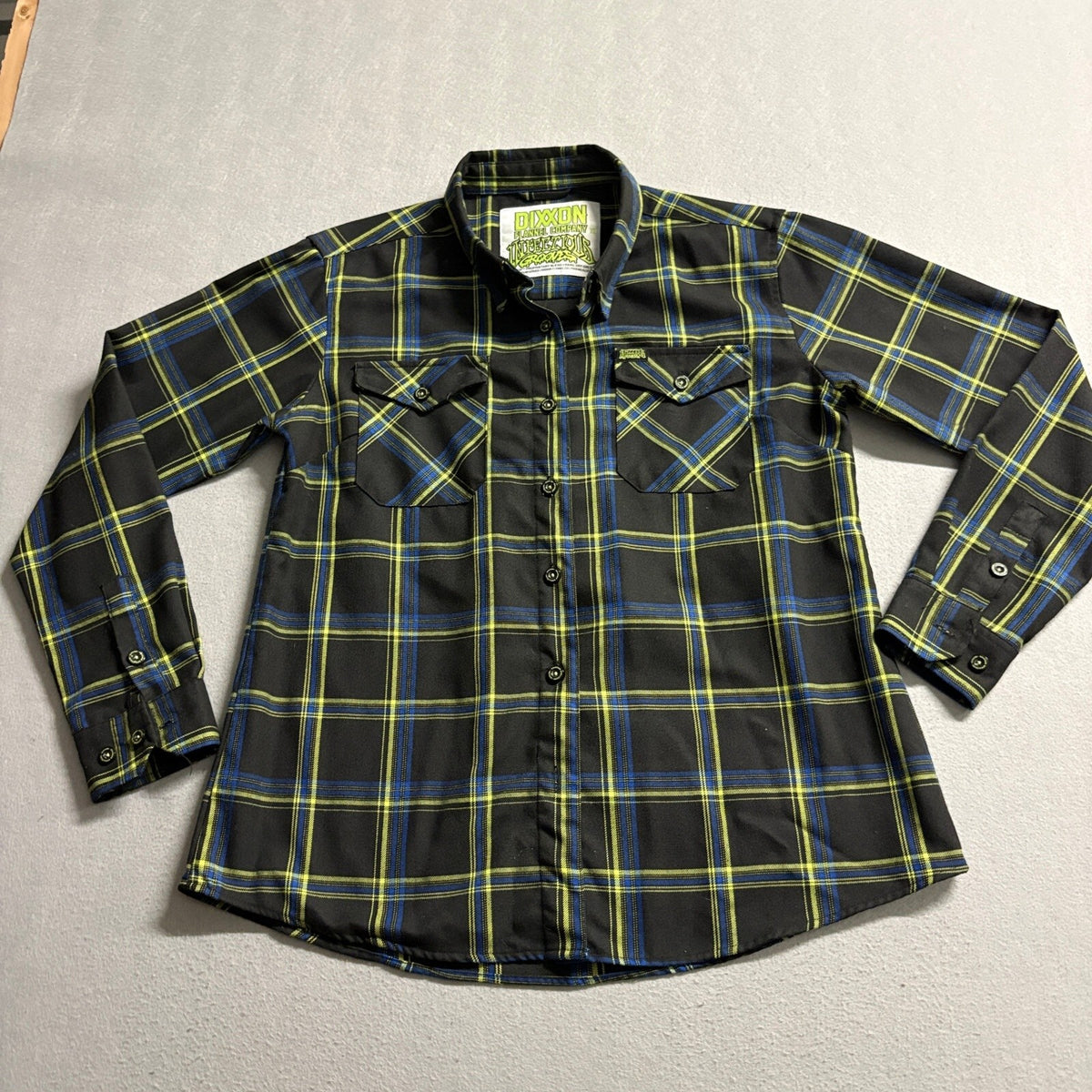 Dixxon Infectious Grooves Flannel Shirt Mens XL Black Yellow Blue Plaid Long