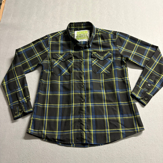 Dixxon Infectious Grooves Flannel Shirt Mens XL Black Yellow Blue Plaid Long