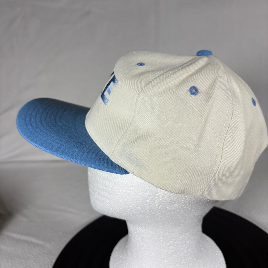 Vintage Nike Spellout Snapback Hat Kee & Ed Apparel USA Cream Blue Cap