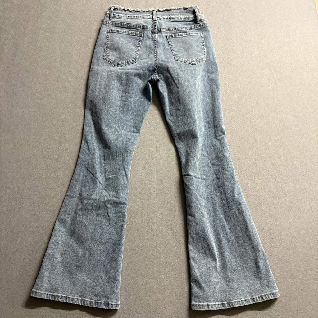 Shein Petite Women's Size M Distressed Flare Jeans Light Wash Raw Hem Fringe