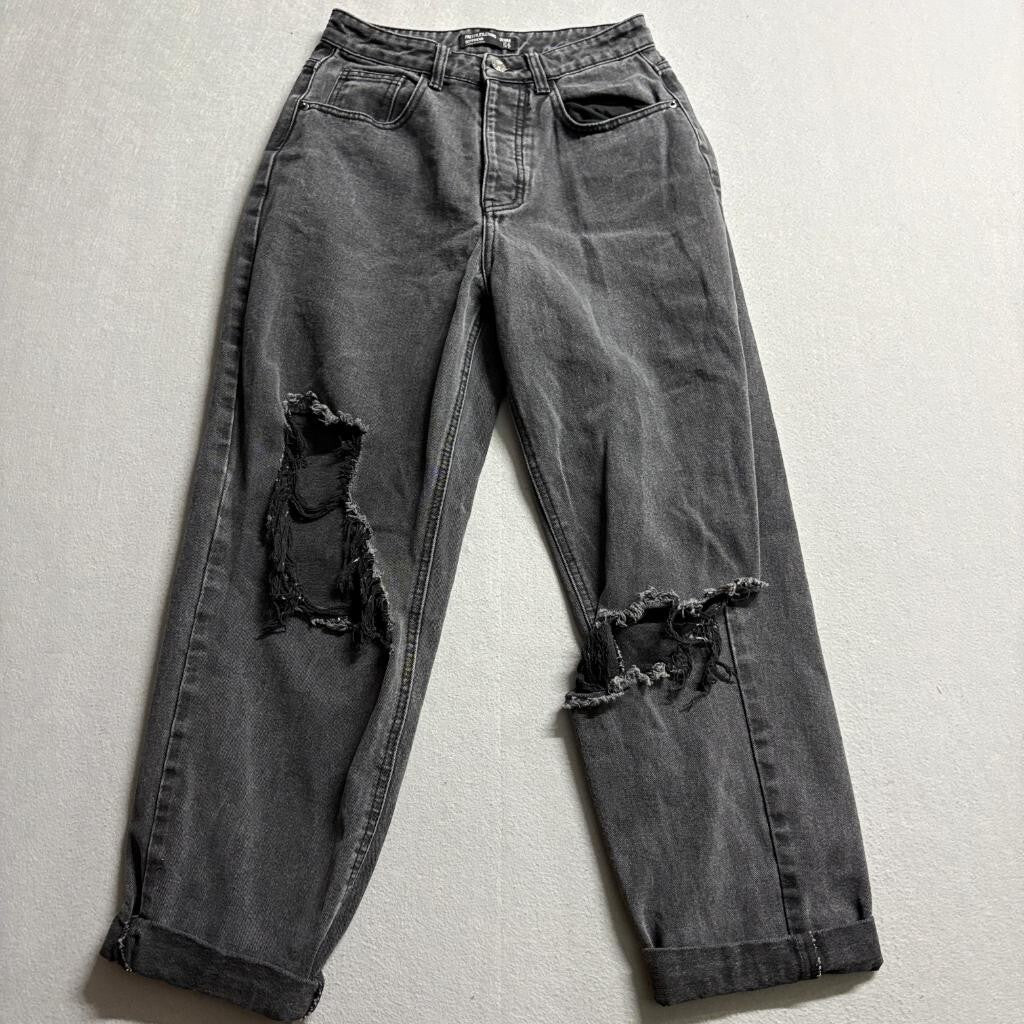 PrettyLittleThing Distressed Boyfriend Jeans Womens US 2 Black Denim Ripped Knee