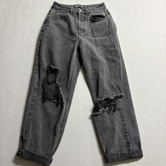 PrettyLittleThing Distressed Boyfriend Jeans Womens US 2 Black Denim Ripped Knee