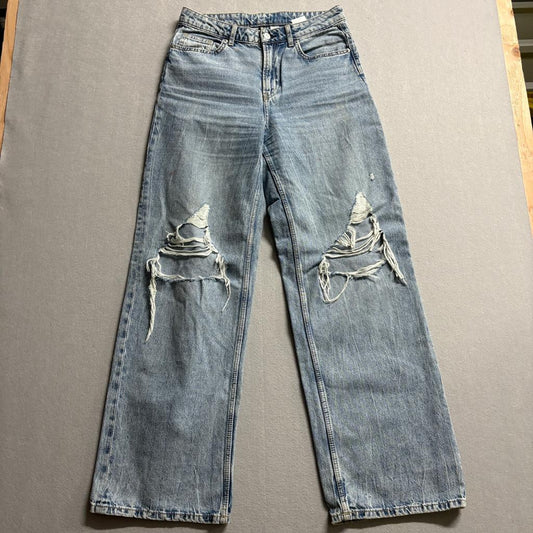H&M Divided Distressed Wide Leg Jeans Womens Size 6 Blue Denim Ripped High Rise