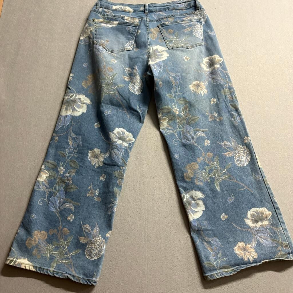 Blue Turtle Exclusive Floral Wide Leg Jeans Womens 13 Blue Denim Stretch High