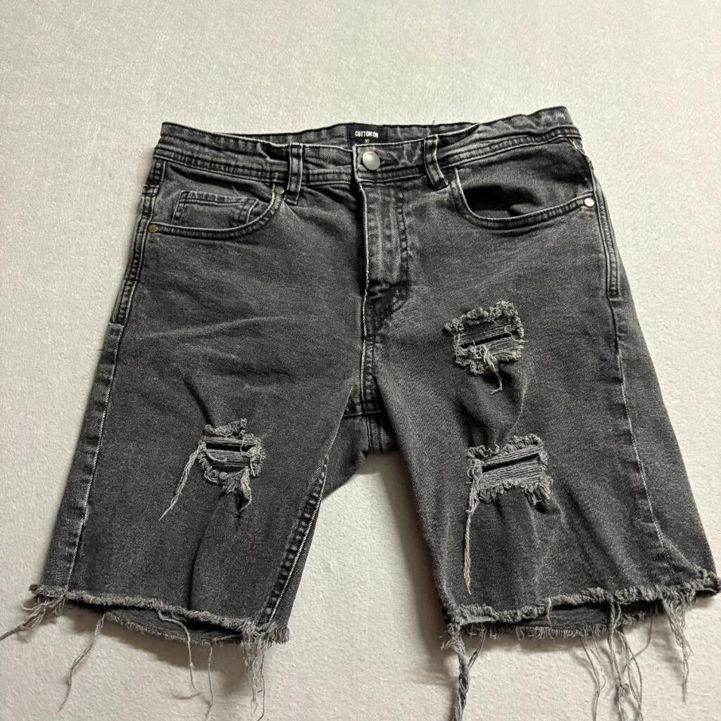 Cotton On Mens 30 Distressed Denim Shorts Black Gray Raw Hem Straight Cut