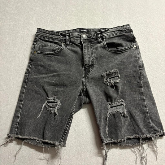 Cotton On Mens 30 Distressed Denim Shorts Black Gray Raw Hem Straight Cut